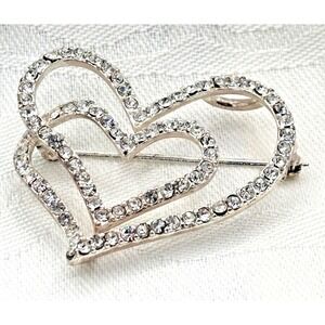 Intertwined Double Heart Brooch Silver Tone Clear Rhinestones Love Pin‎ Bridal